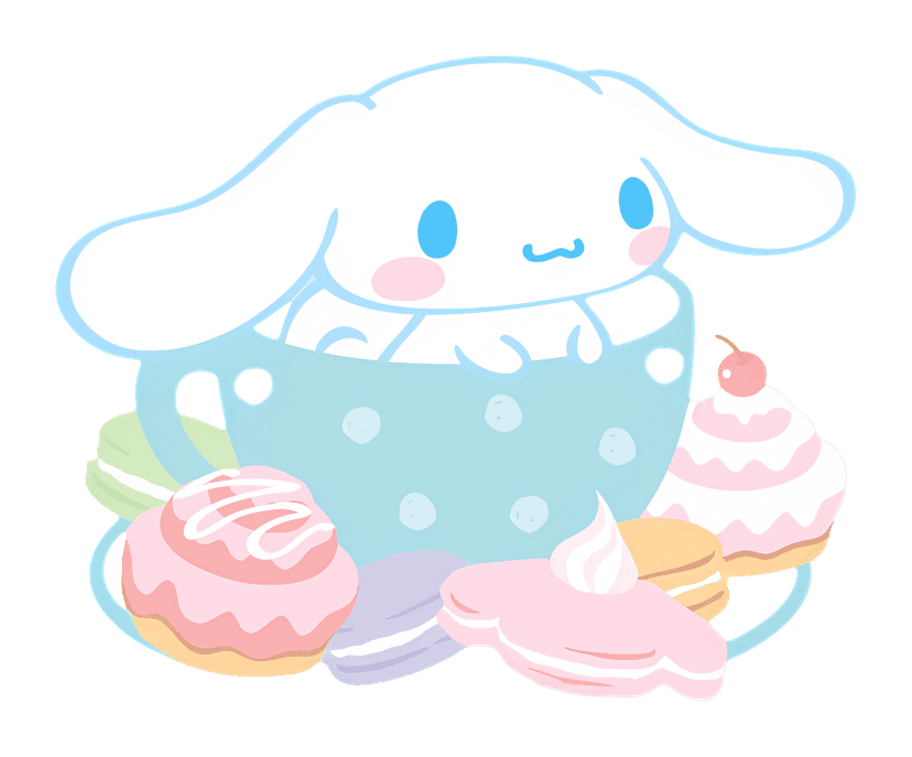 White long-eared puppy character sitting in a pastel blue teacup surrounded by macarons and sweet pastries.