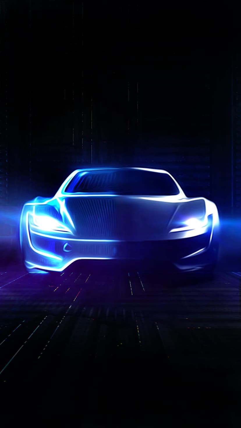 Blue electric supercar with glowing LED headlights and neon accents against a dark, shadowy background.