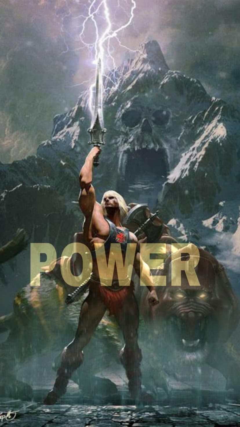 He-Man raises a glowing sword toward a lightning bolt with a skull mountain and beasts in the dark background.