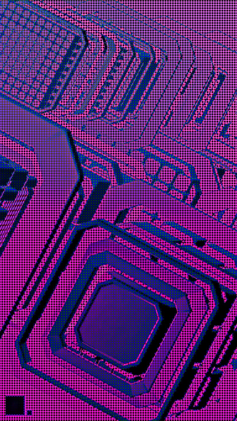 Layered pink and blue angular shapes with halftone dot textures create a three-dimensional geometric design.
