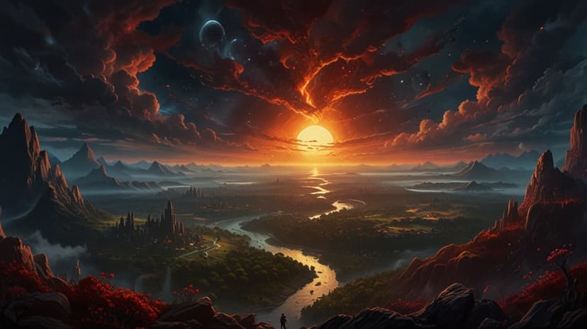 Two small figures stand on rocky cliffs overlooking a winding river and a celestial sunset over distant mountains.