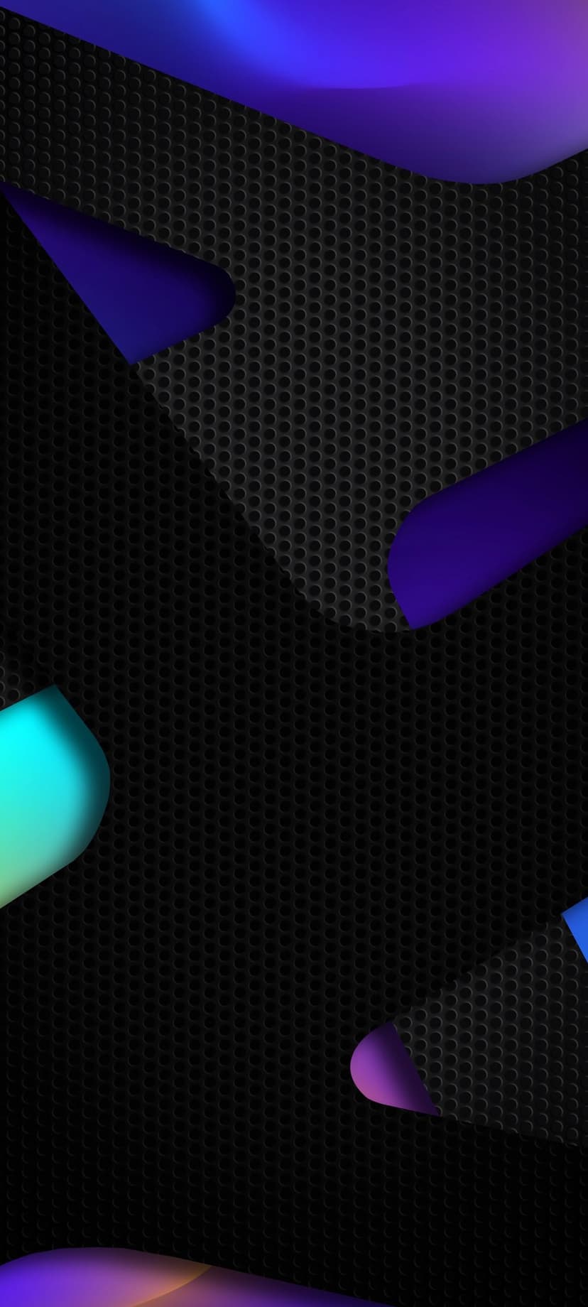 Glowing purple and blue neon triangles hover over a dark charcoal perforated metal surface with deep shadows.