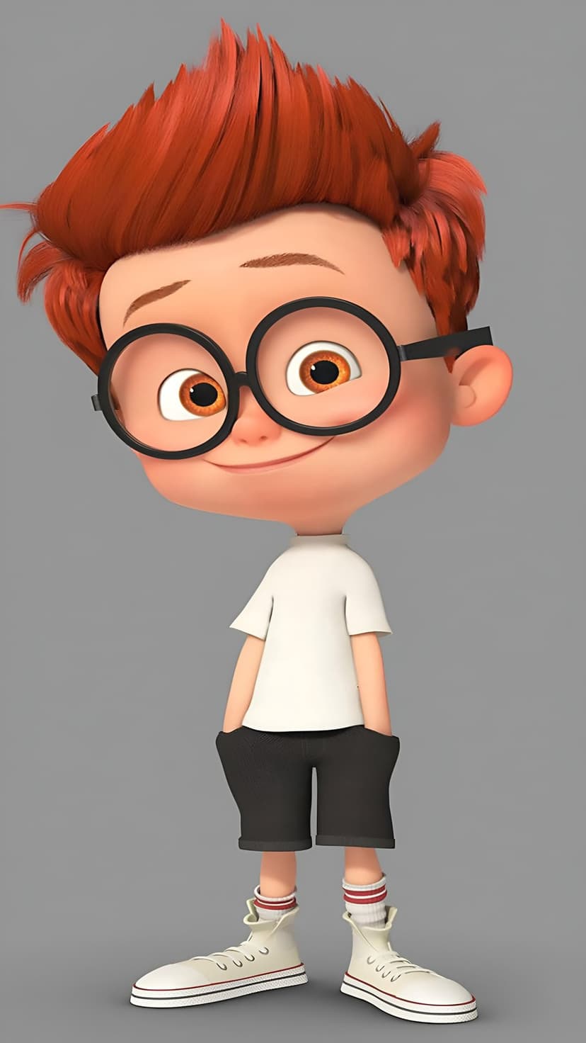 Red-haired boy with round glasses and a white t-shirt stands smiling against a neutral grey studio background.