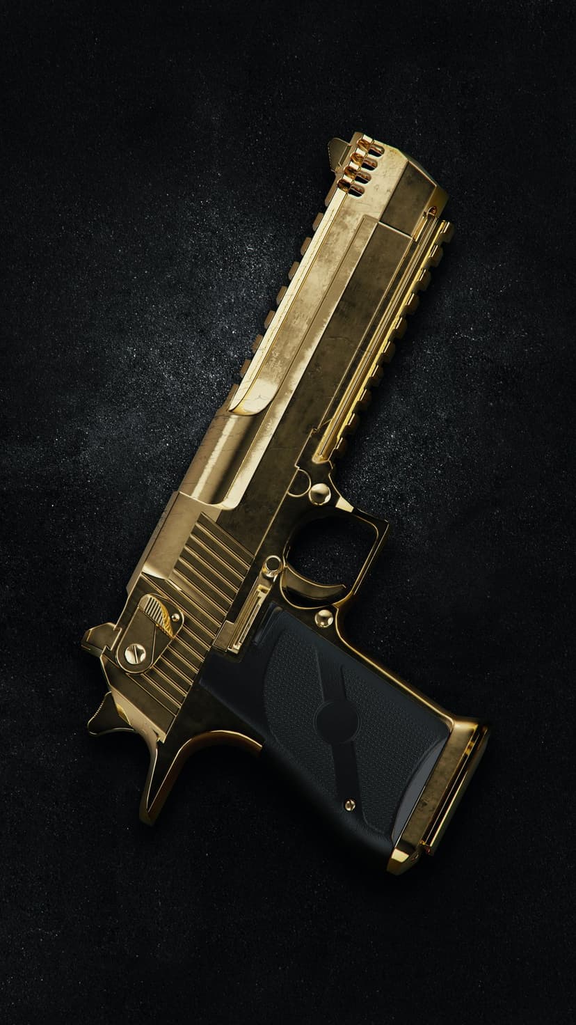 Gold Desert Eagle handgun with a black grip on a dark textured surface, captured from a top-down perspective.