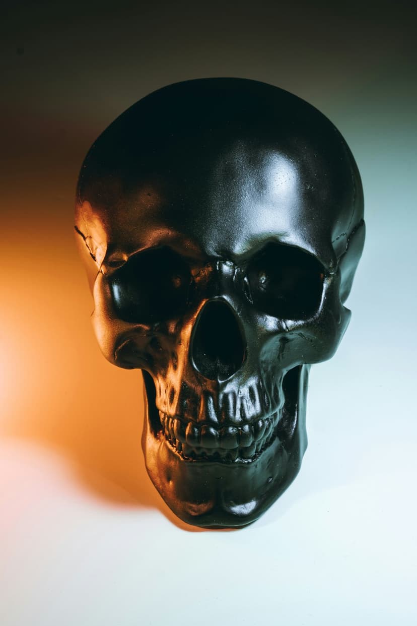 Human skull with glowing orange and blue light casting deep shadows against a dark, moody background.