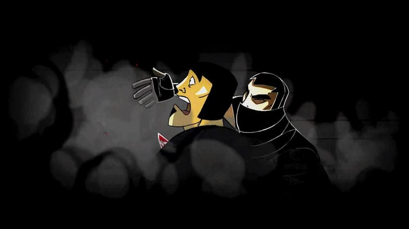 Masked assassin grabbing a man from behind amidst swirling grey smoke in a dark stylized illustration.