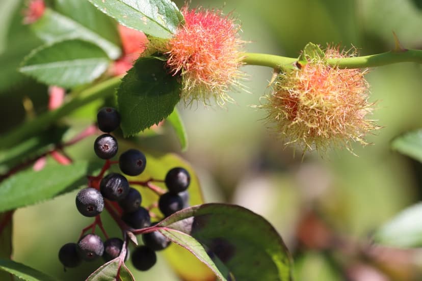Black cherries and fuzzy pink galls grow on a green leafy branch with a soft blurred outdoor background.