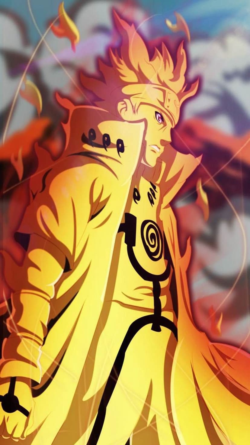 Naruto Uzumaki in Six Paths Sage Mode with a glowing golden aura and spiky hair against an orange background.