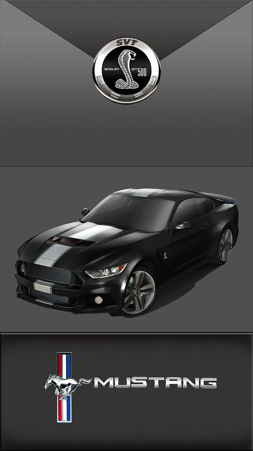 Black Ford Mustang Shelby GT500 car and silver emblems displayed in a three-part vertical layout for phone screens.