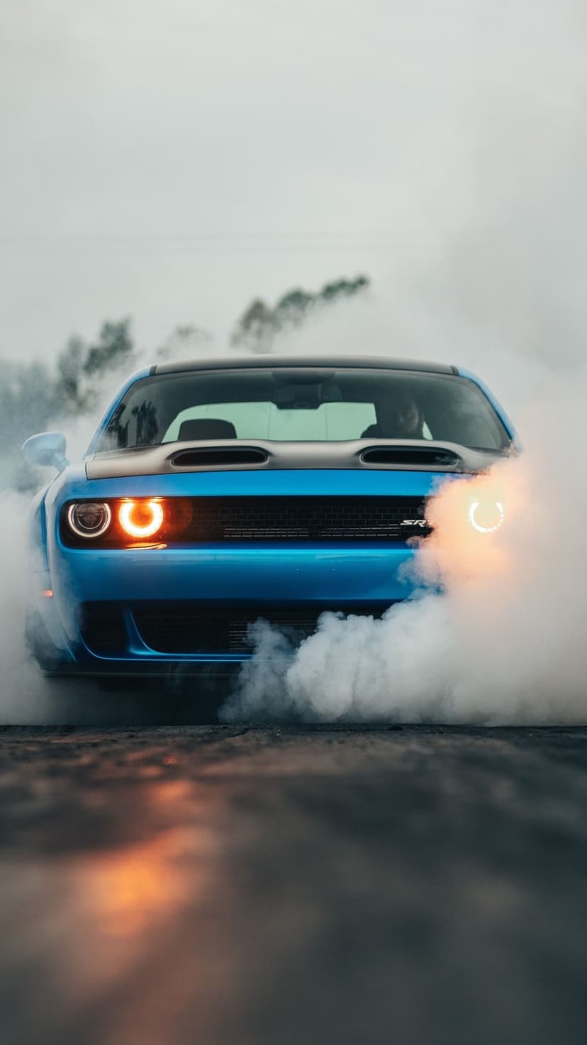 Blue Dodge Challenger SRT front view with glowing halo lights and thick white smoke on a dark road surface.
