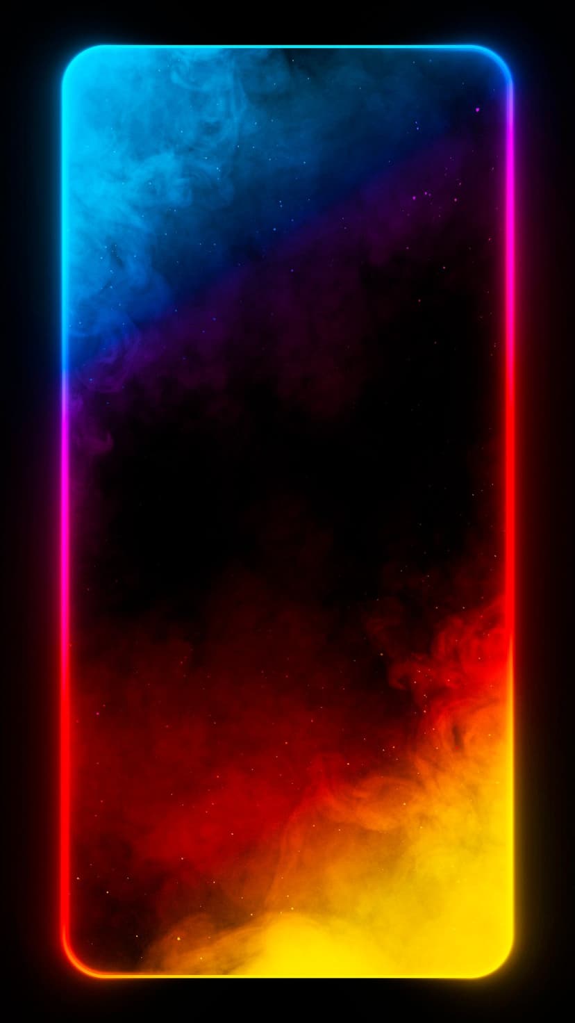 Swirling blue and red smoke plumes drift inside a radiant neon rectangular frame against a black background.