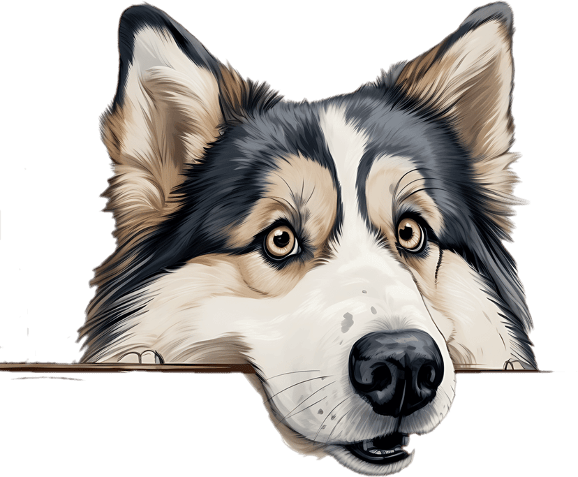 Siberian Husky face peeking over a brown wooden fence with realistic fur texture and striking blue eyes.