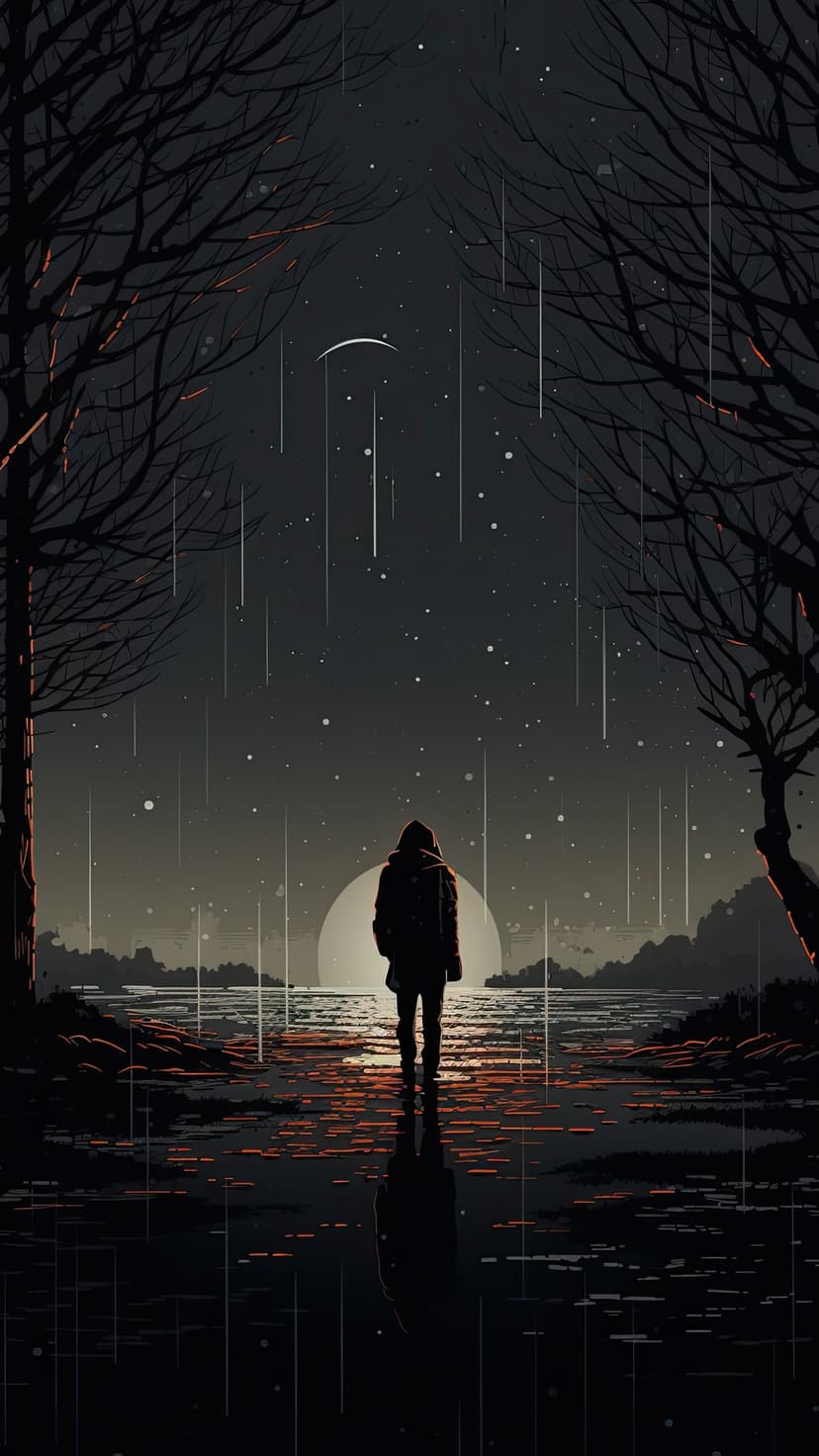 Shadowed figure gazes at a bright moon during a gentle rain shower within a dark, atmospheric forest landscape.