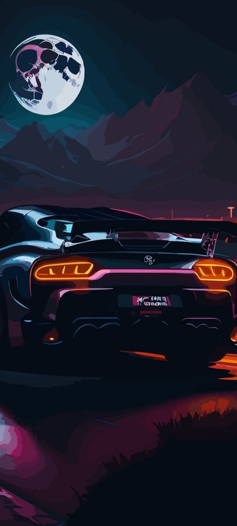 Toyota Supra rear view with orange taillights parked under a large skull-faced moon and jagged dark mountains.