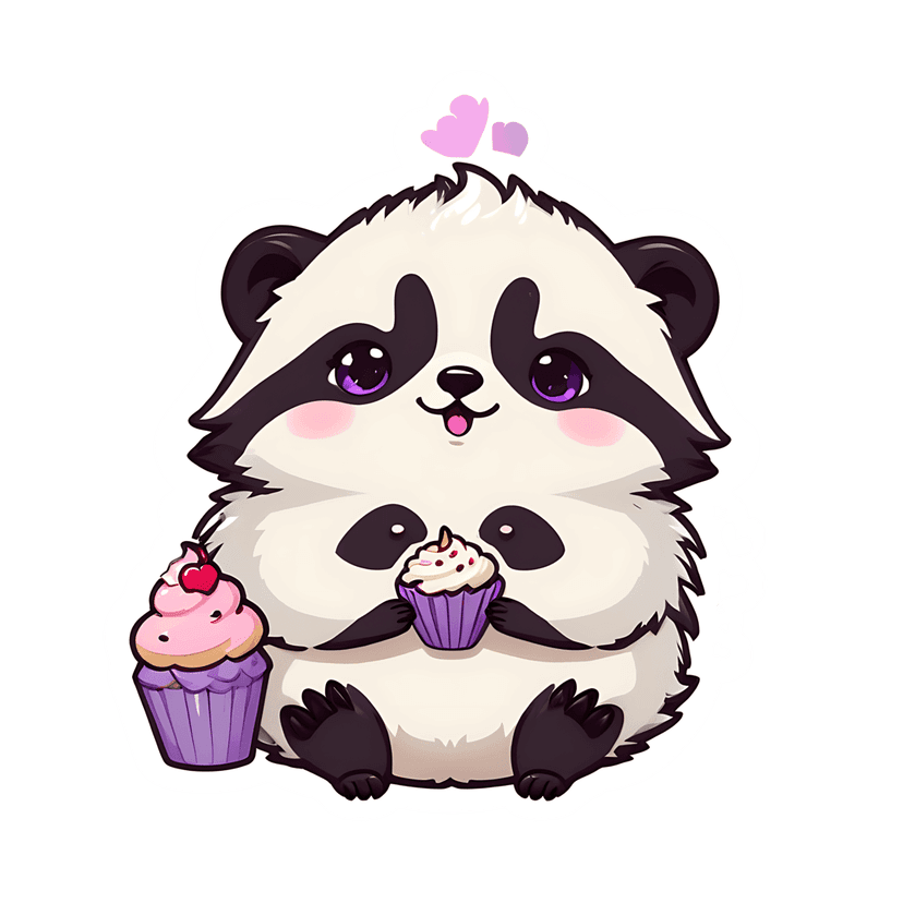 Kawaii panda sticker illustration holding cupcakes with pink frosting, purple eyes, and white fur outline.