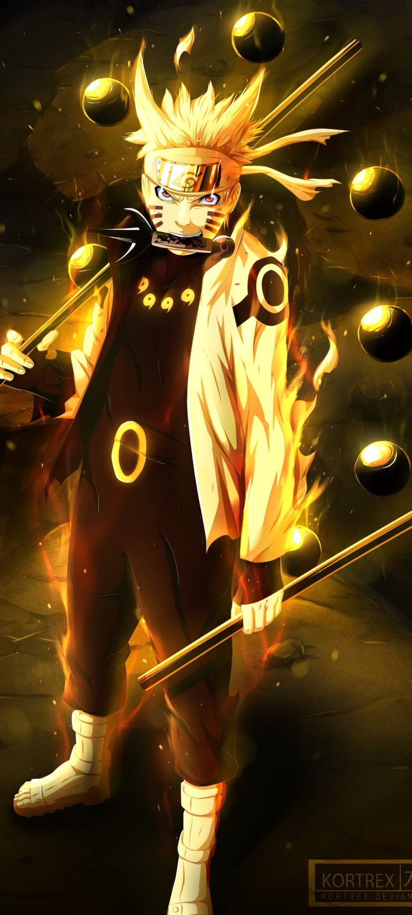 Naruto Uzumaki in Six Paths Sage Mode stands surrounded by floating black orbs and a brilliant golden fire aura.