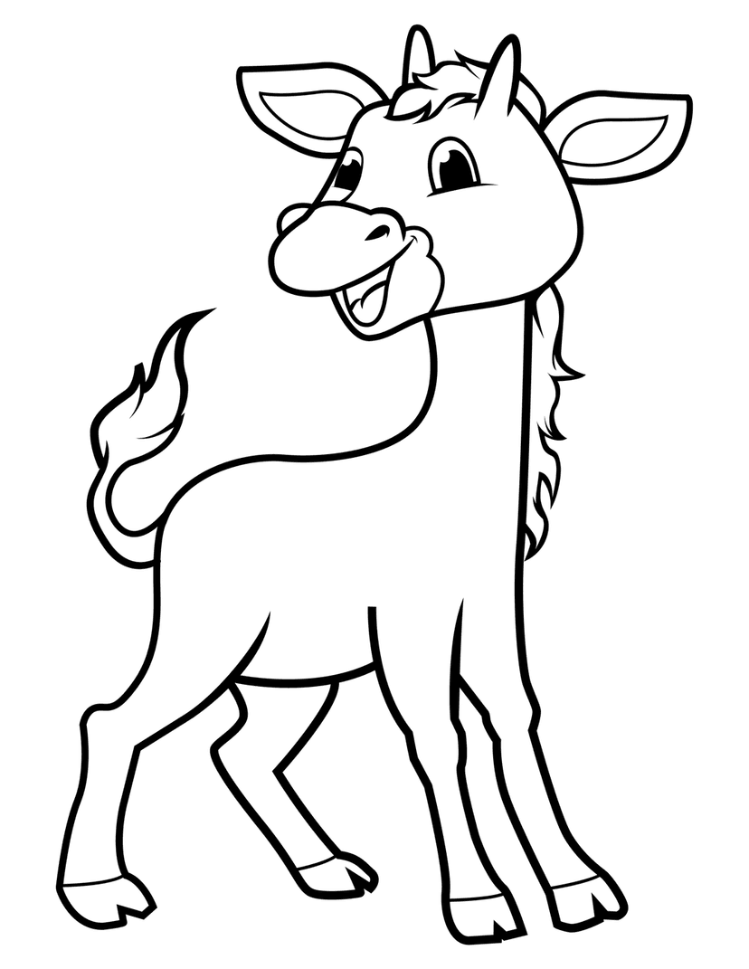 Donkey calf line art illustration showing a small foal standing in profile with clean black ink outlines.