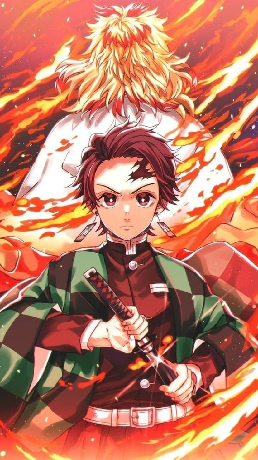 Tanjiro Kamado holds his katana as the fiery silhouette of Kyojuro Rengoku glows in the burning background.
