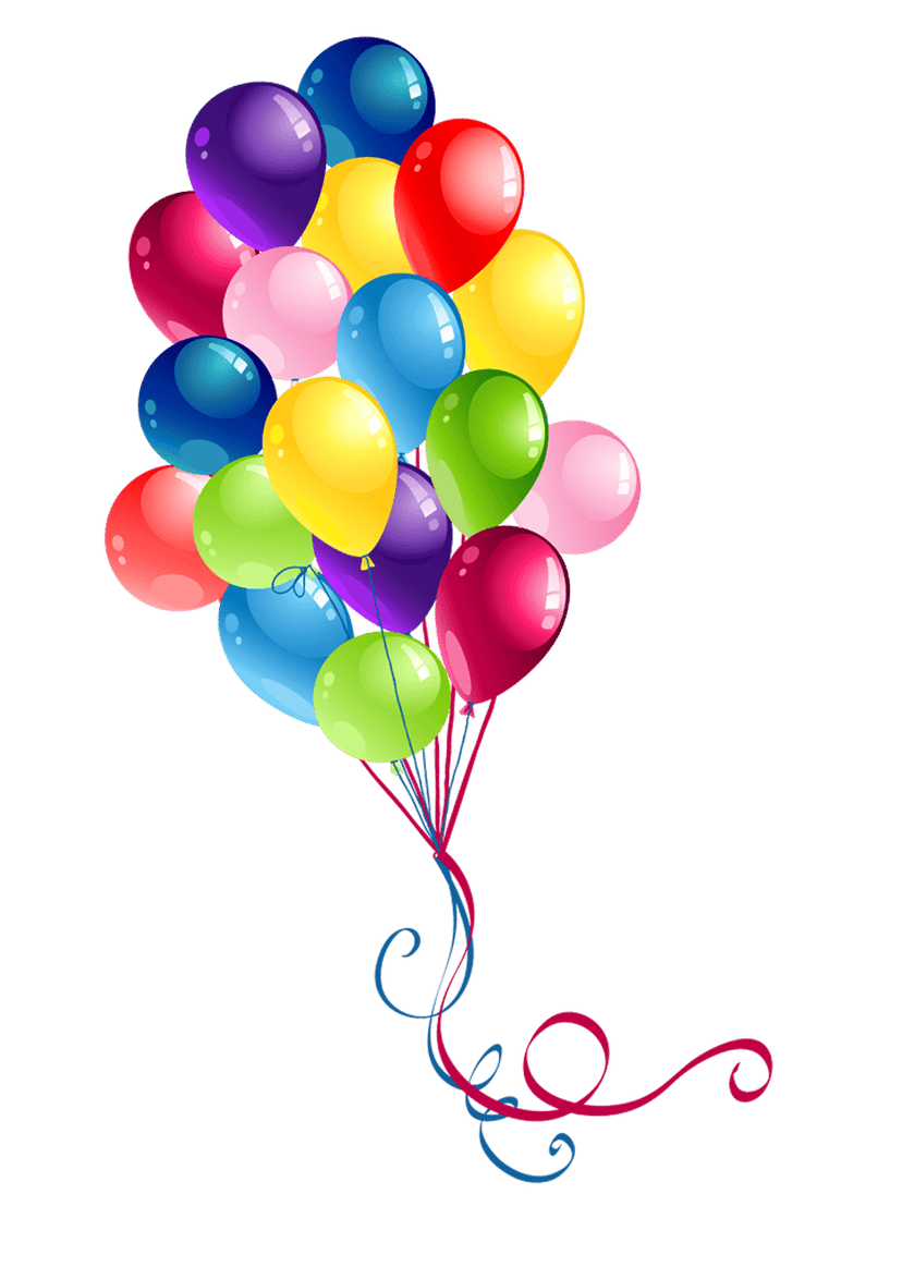 Birthday cake with balloons featuring multi-colored frosting and lit candles surrounded by heart confetti shapes.