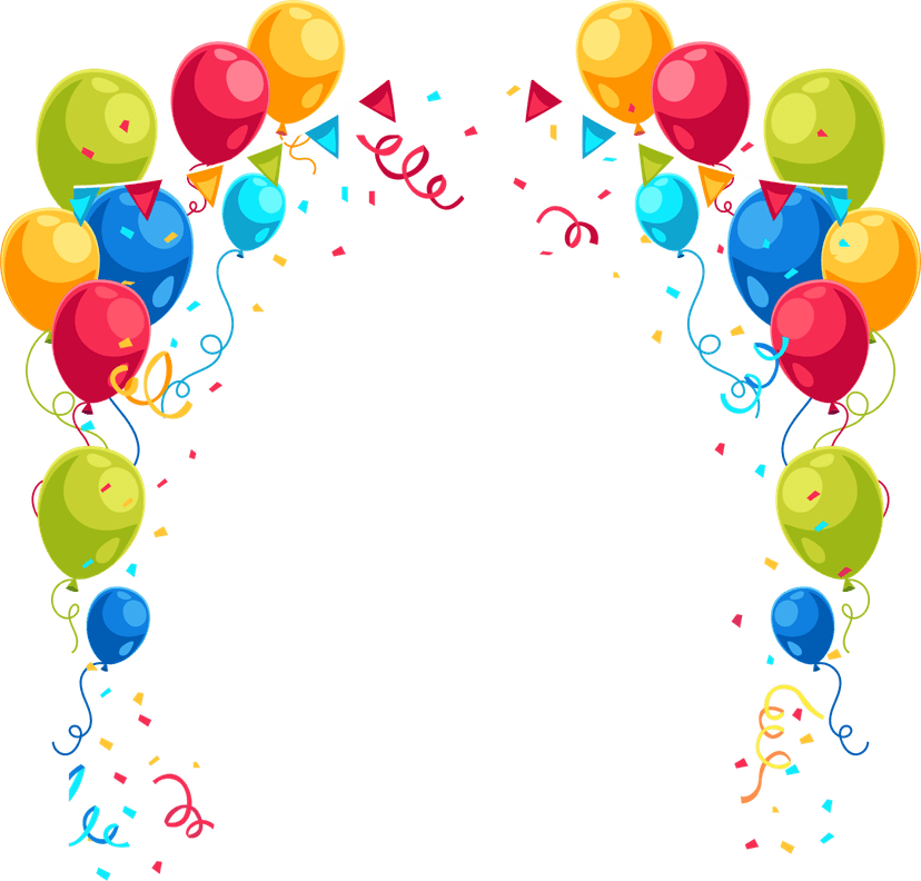 Multicolor balloons with curling ribbons and paint splatters arranged in a festive group on a clear background.