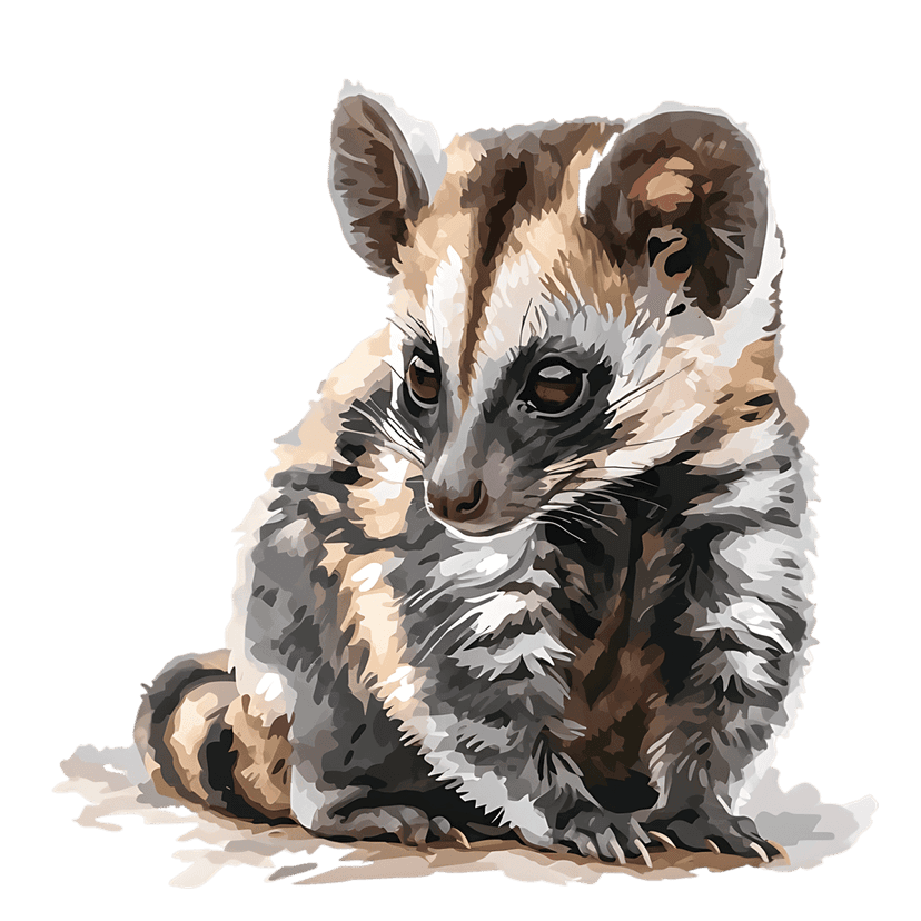 Civet cat illustration with striped fur and large eyes sitting against a black background in a painterly style.