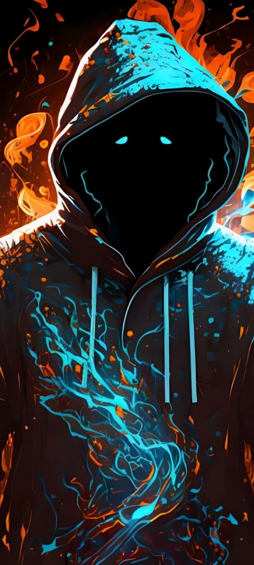 Hooded figure with glowing blue eyes and swirling orange flames against a dark, high-contrast background.