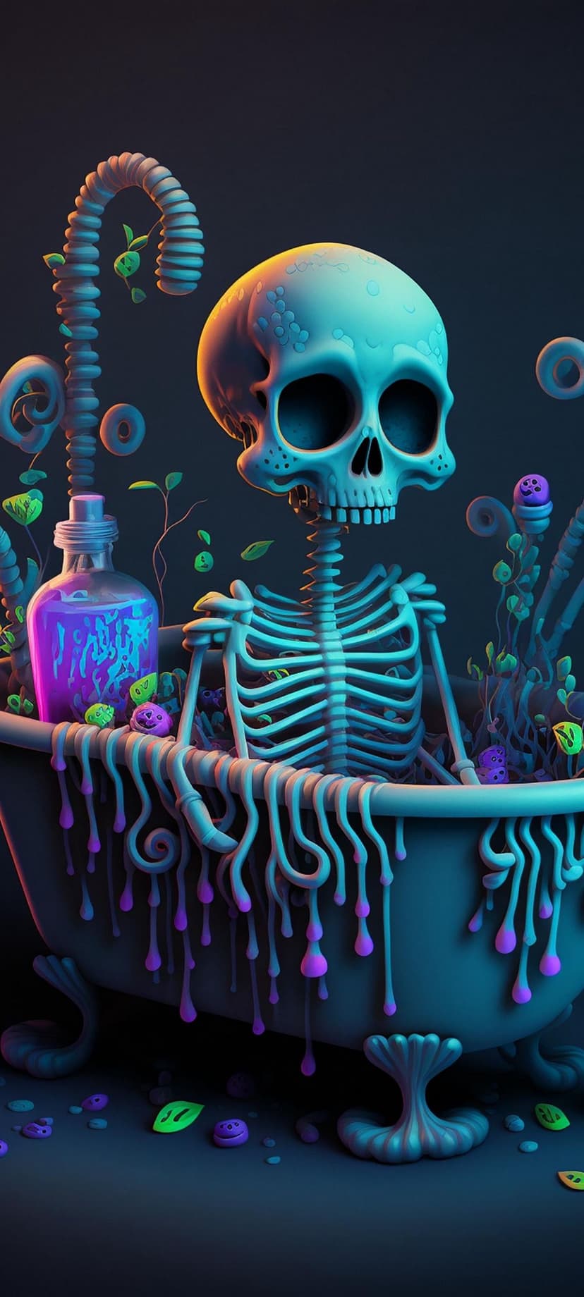 Glowing skeleton sitting in a bathtub with dripping green slime and a purple potion in a dark room.