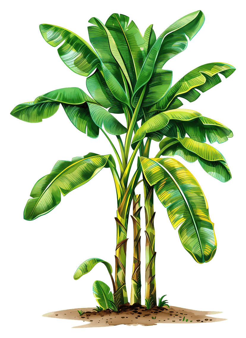 Banana tree illustration with layered green leaves and a central stem showing realistic botanical details.
