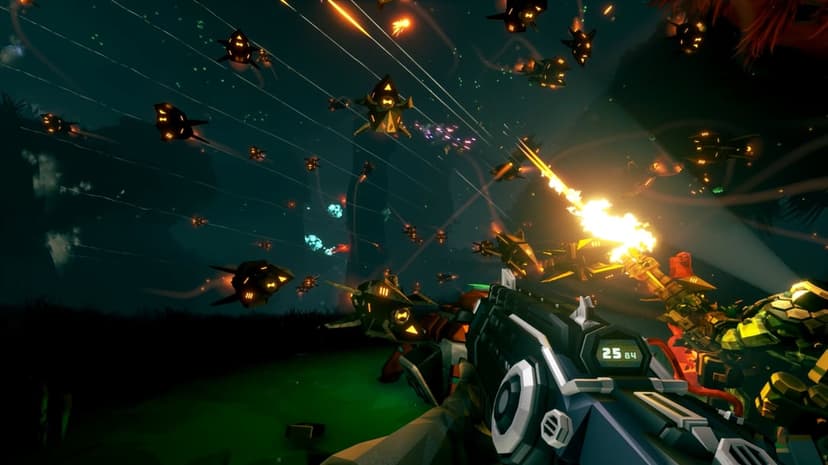Detailed first-person view of a futuristic rifle aiming at a swarm of glowing robot drones in a dark cave.