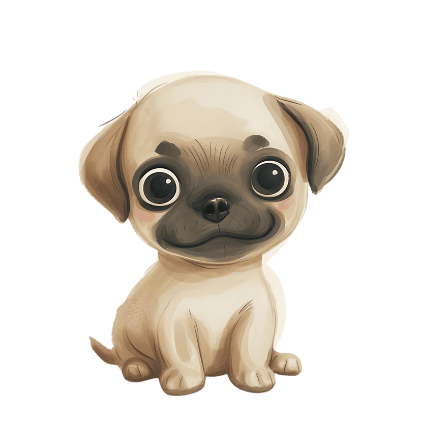 Pug puppy watercolor painting shows a seated tan dog with large dark eyes and a black muzzle on a clear backdrop.