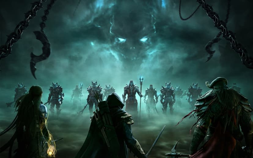 Three heroes face an army and a giant glowing spectral skull in a misty dark teal fantasy landscape.