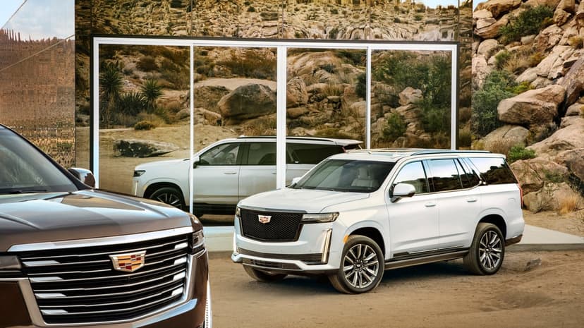 White and dark brown Cadillac Escalade SUVs parked near a mirrored glass building in a rocky desert.