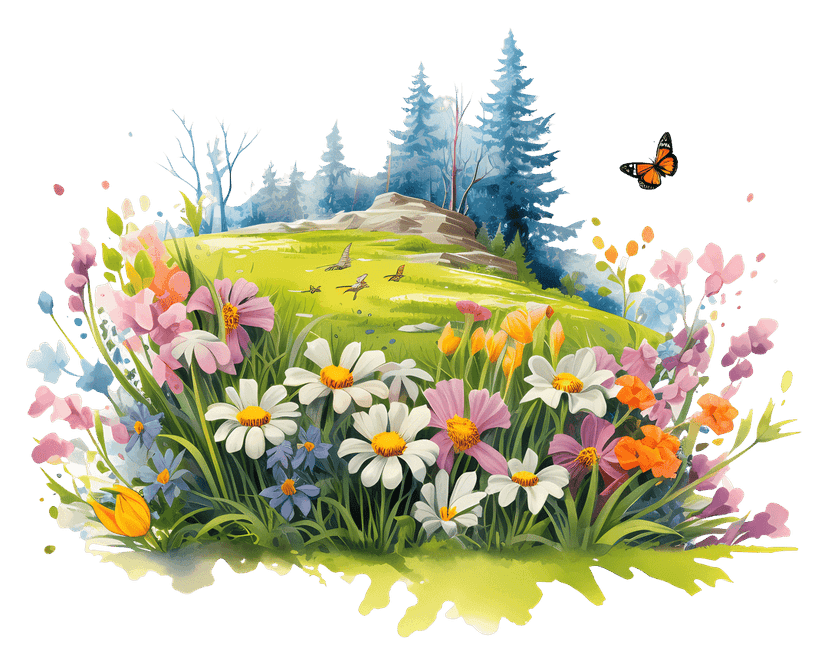 Colorful butterfly glides over a dense wildflower meadow containing yellow and pink blossoms in bright light.