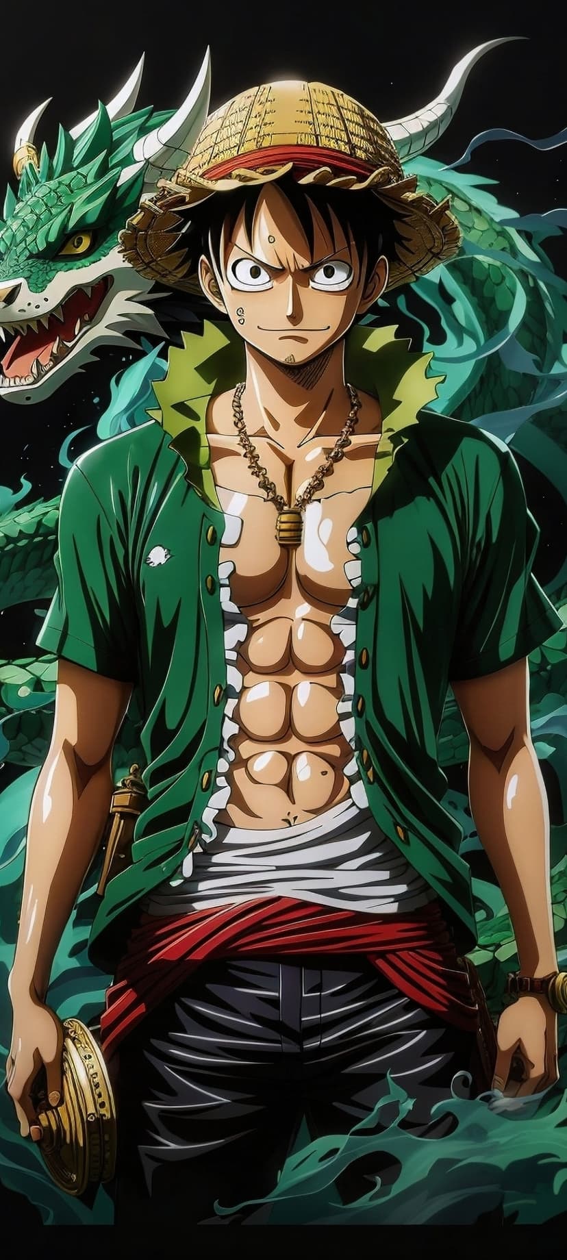 Monkey D. Luffy wears a straw hat and green shirt while a massive green dragon breathes fire in the background.