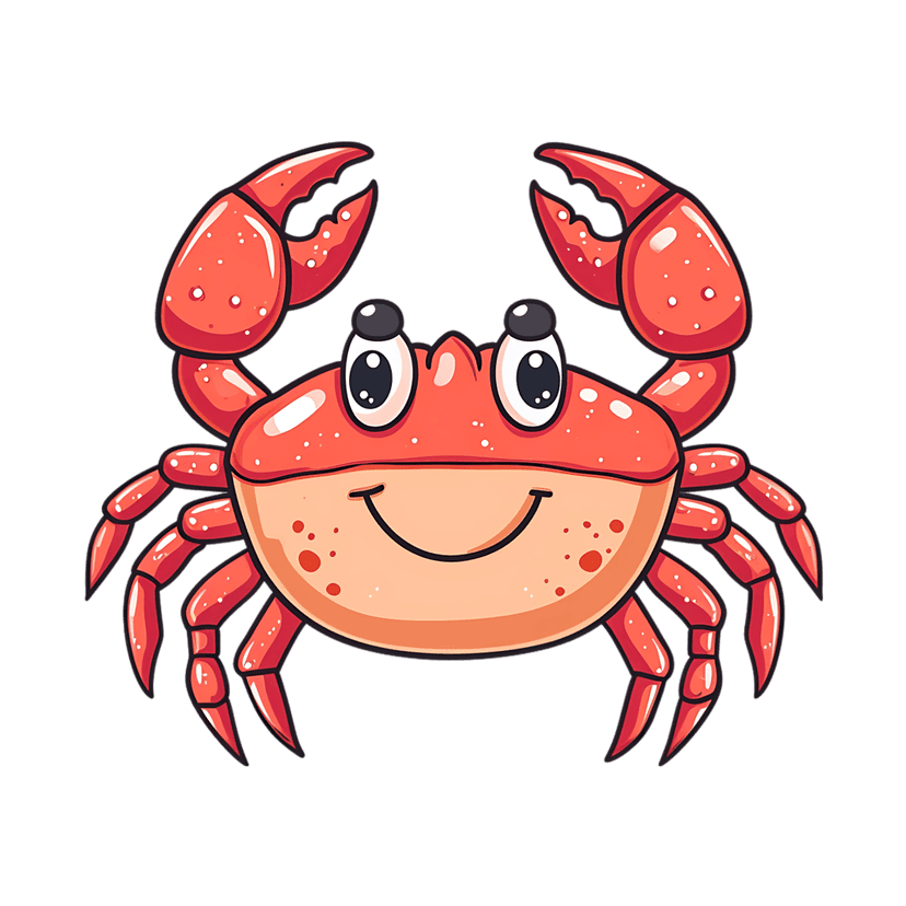 Red crab illustration featuring large raised claws, speckled shell texture, and bold black outlines.