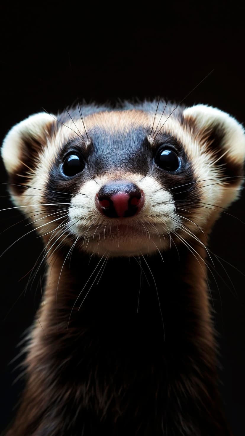 Ferret with brown and white fur looks forward with dark eyes and a pink nose against a solid black background.