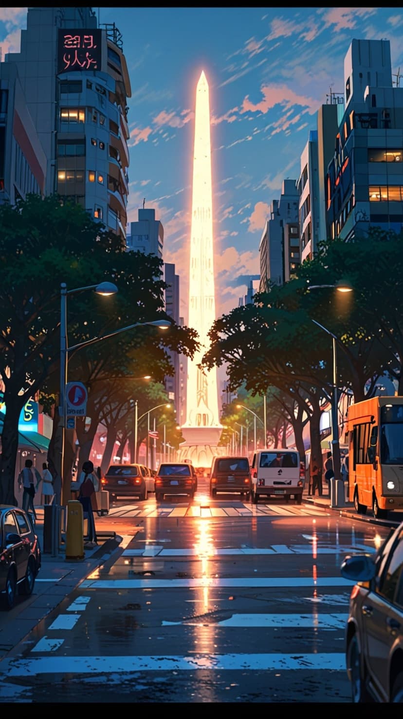 Glowing futuristic monument stands at the end of a rain-slicked city street beneath a golden sunset sky.