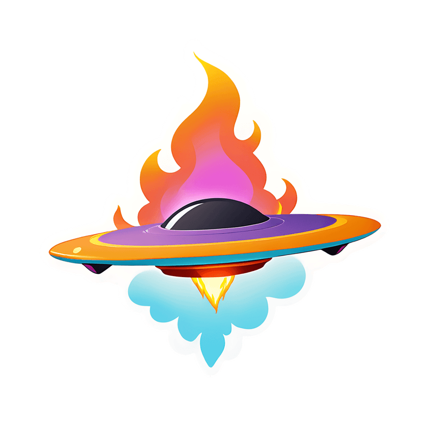 Cartoon purple flying saucer sticker features orange flames and blue smoke clouds with a white border outline.