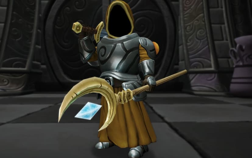 Hooded knight in silver armor holds a golden scythe with a glowing blue crystal against a dark stone wall.