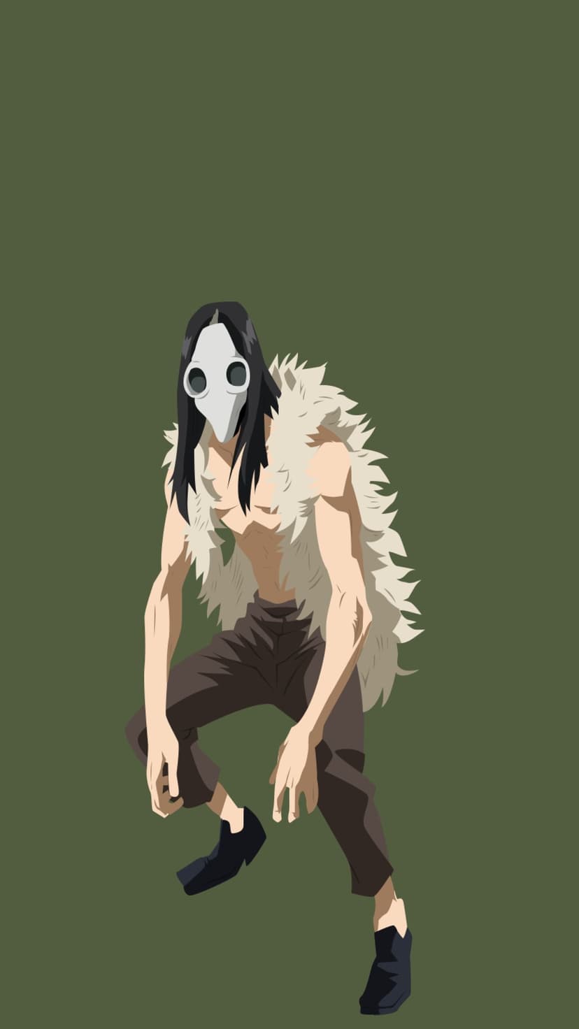 Deidoro Sakaki wears a white plague mask and fur collar while posing against a solid olive-green backdrop.
