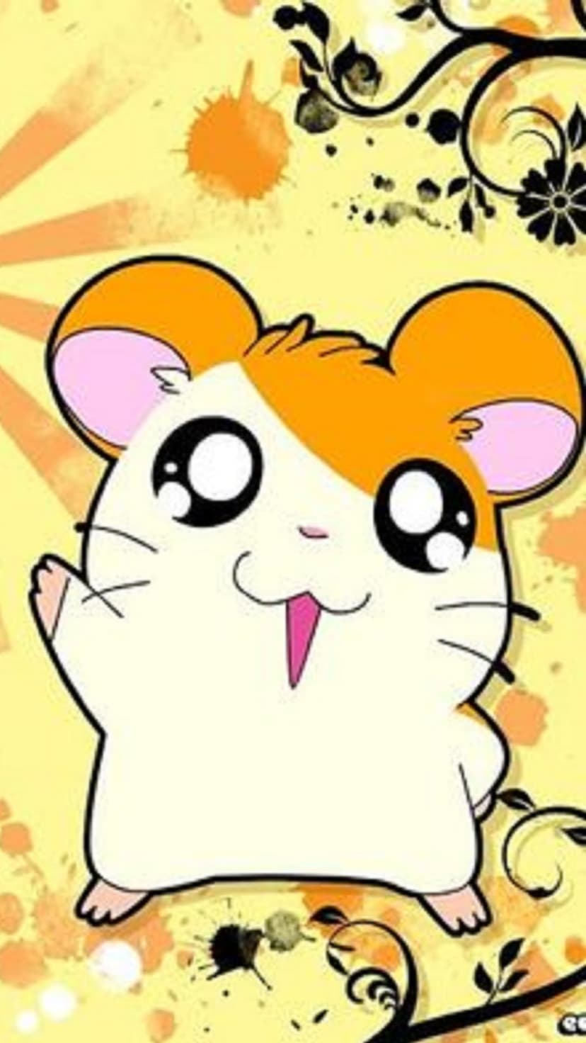 Chibi hamster waving with a pink tongue showing against a backdrop of yellow ink splatters and black floral swirls.