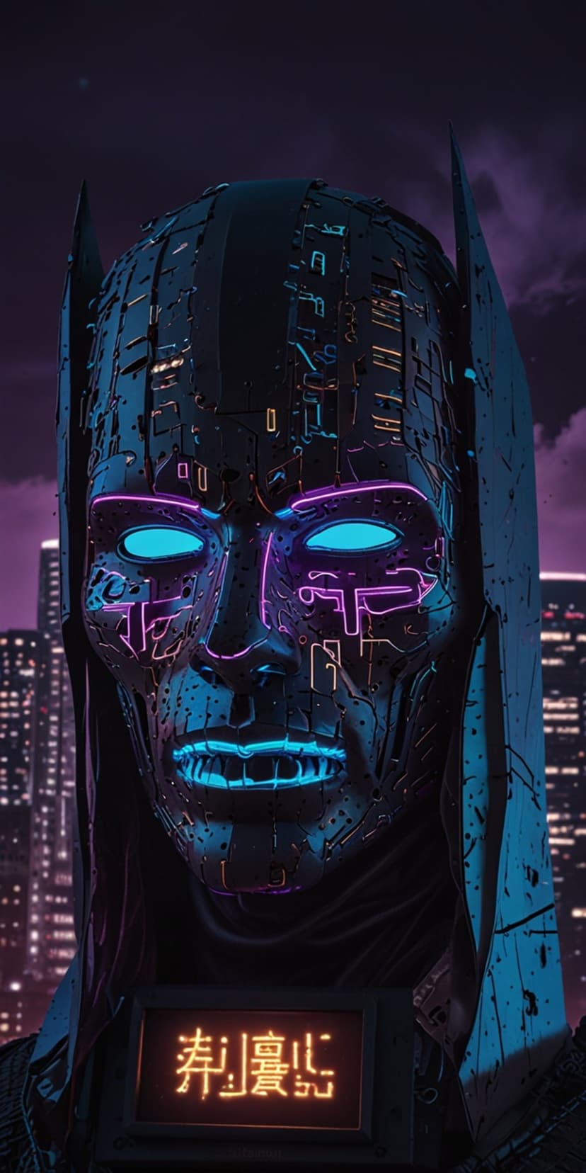 Batman in a metallic cyberpunk mask with glowing blue eyes and neon purple circuitry against a dark cityscape.