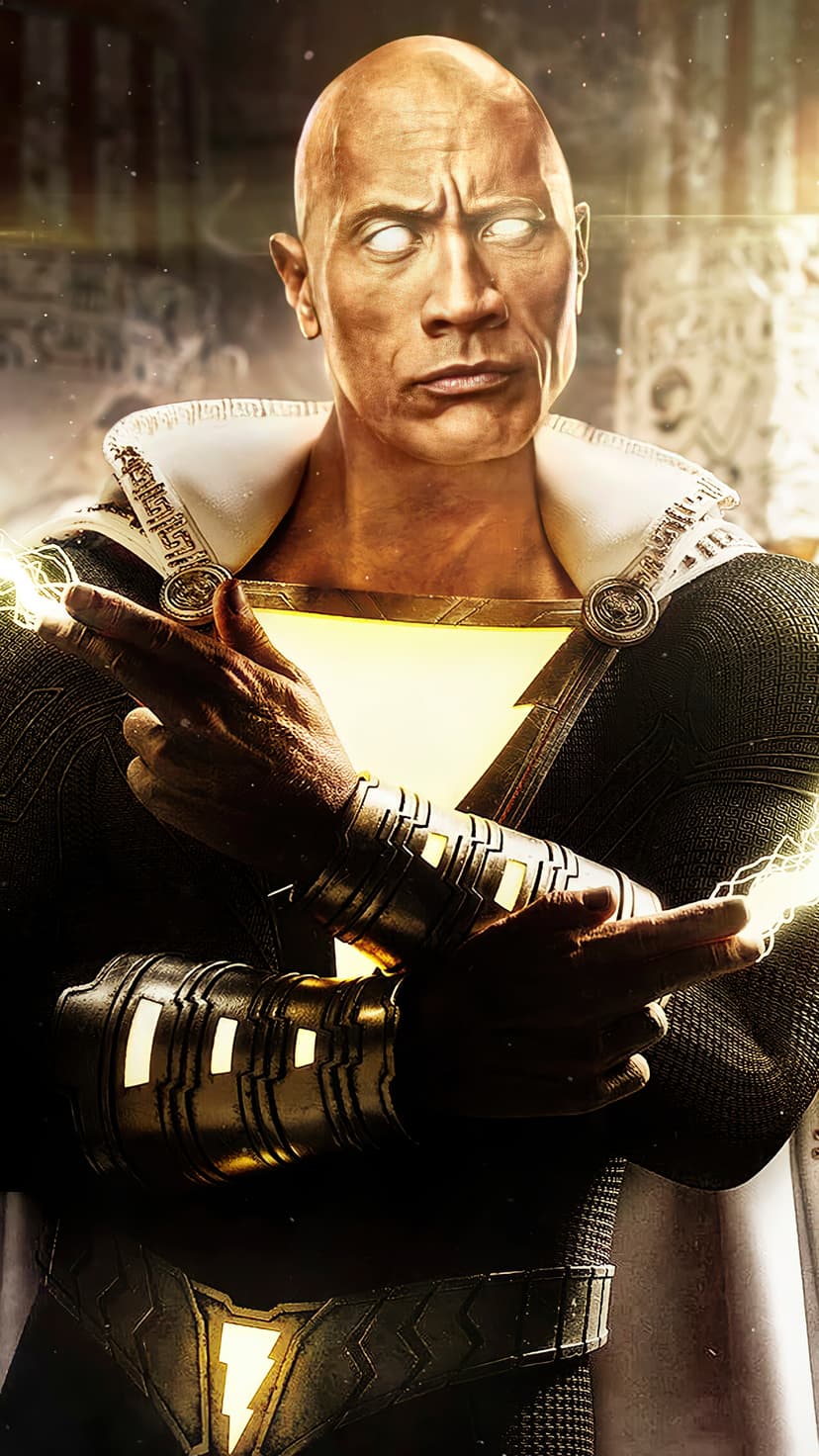 Black Adam with glowing white eyes and a gold lightning bolt symbol stands amidst crackling electric energy.