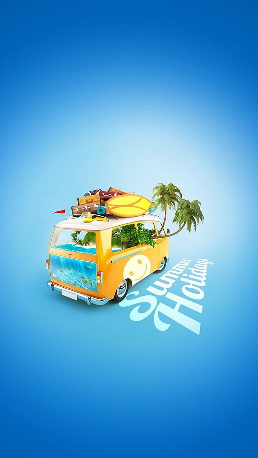 Retro orange camper van with a surfboard and suitcases featuring a tropical beach scene inside its cabin windows.