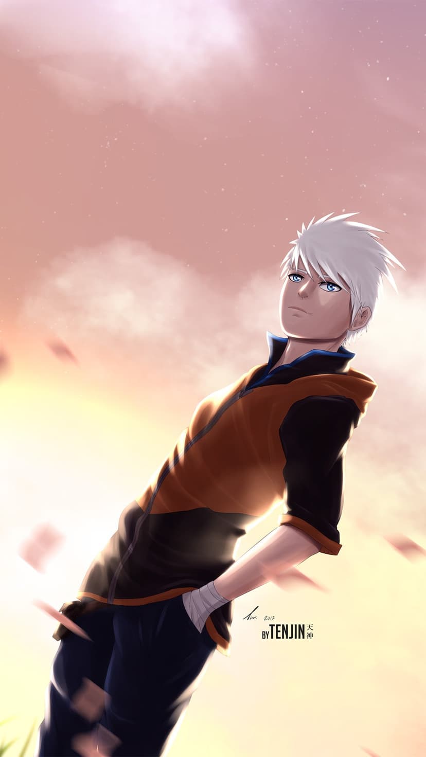 White-haired anime boy with blue eyes looks up at falling cherry blossoms during a golden hour sunrise sky.