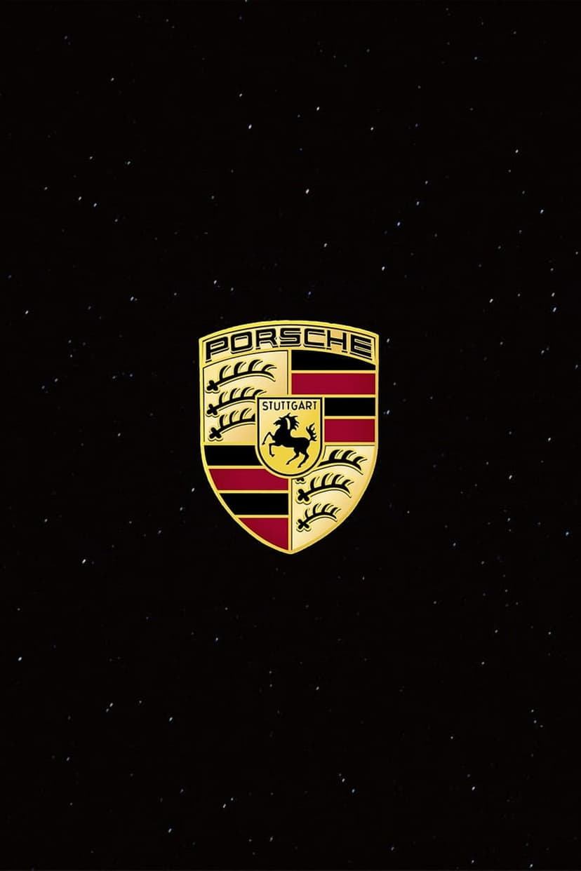 Porsche crest shield with a central horse emblem is centered on a black background filled with tiny white stars.