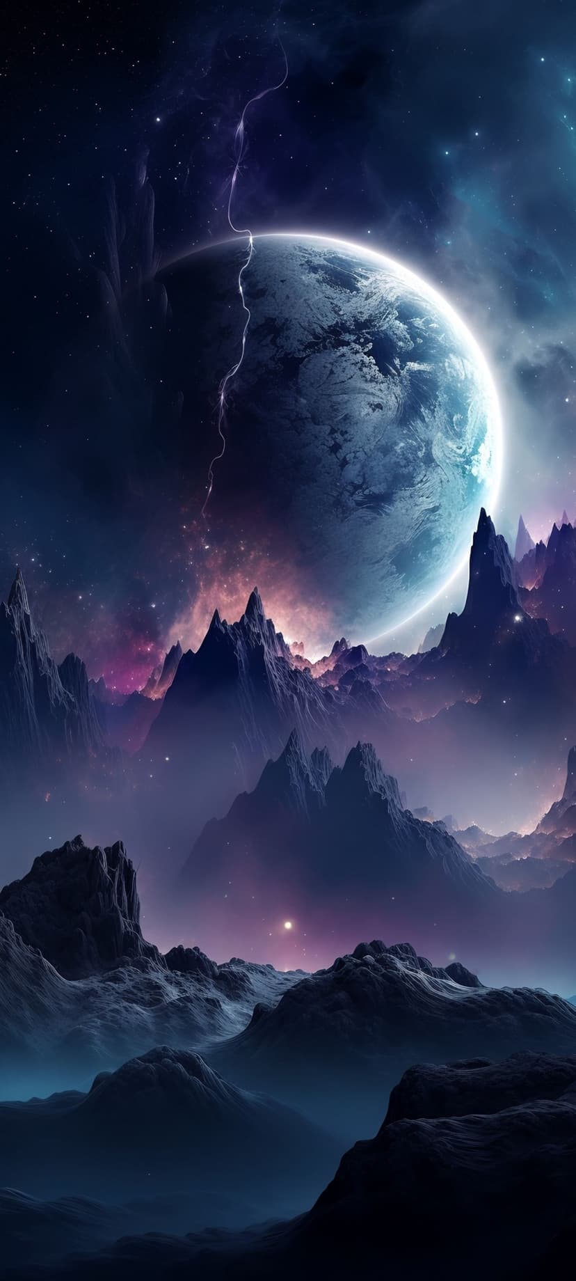 Purple Cosmic Nebula Moon and Jagged Alien Mountain Wallpaper