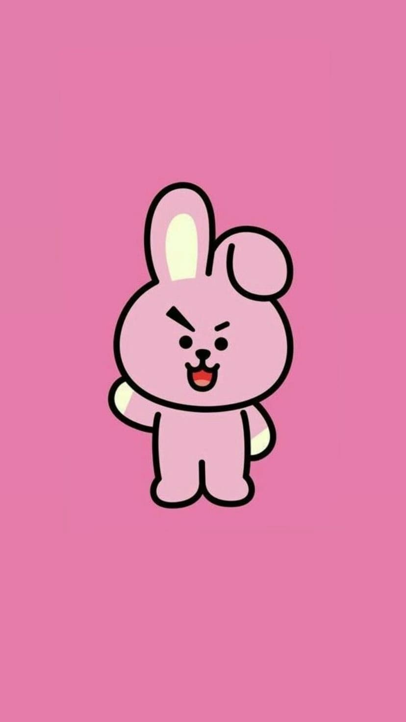 Cooky the pink BT21 bunny with one bent ear and a mischievous grin centered on a solid pink vertical background.