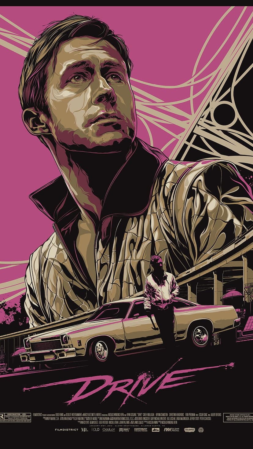 Ryan Gosling in a white satin scorpion jacket stands before a vintage car in a stylized movie poster.