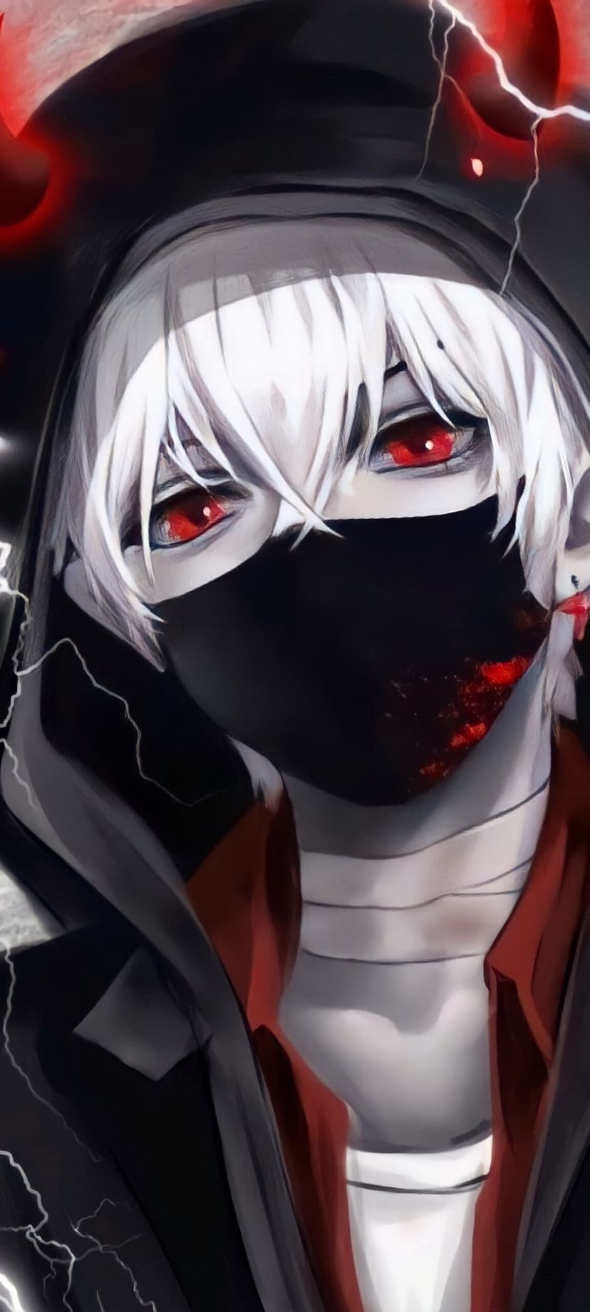 White-haired anime character with red eyes, a black face mask, and red lightning effects in a vertical portrait.